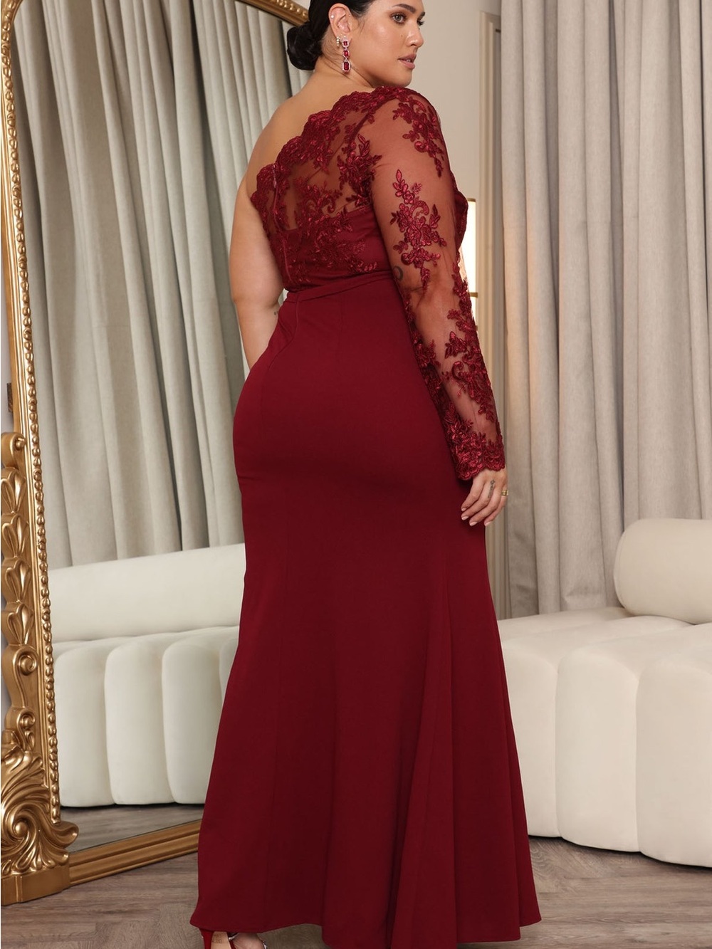 Fashion Nova One-Shoulder Wine Red Lace Evening Gown - Picture 4 of 5